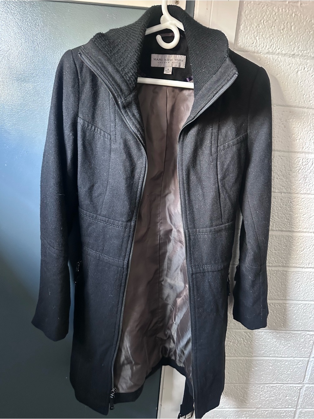 Marc New York Black Wool-Blend Zip Front Trench Coat